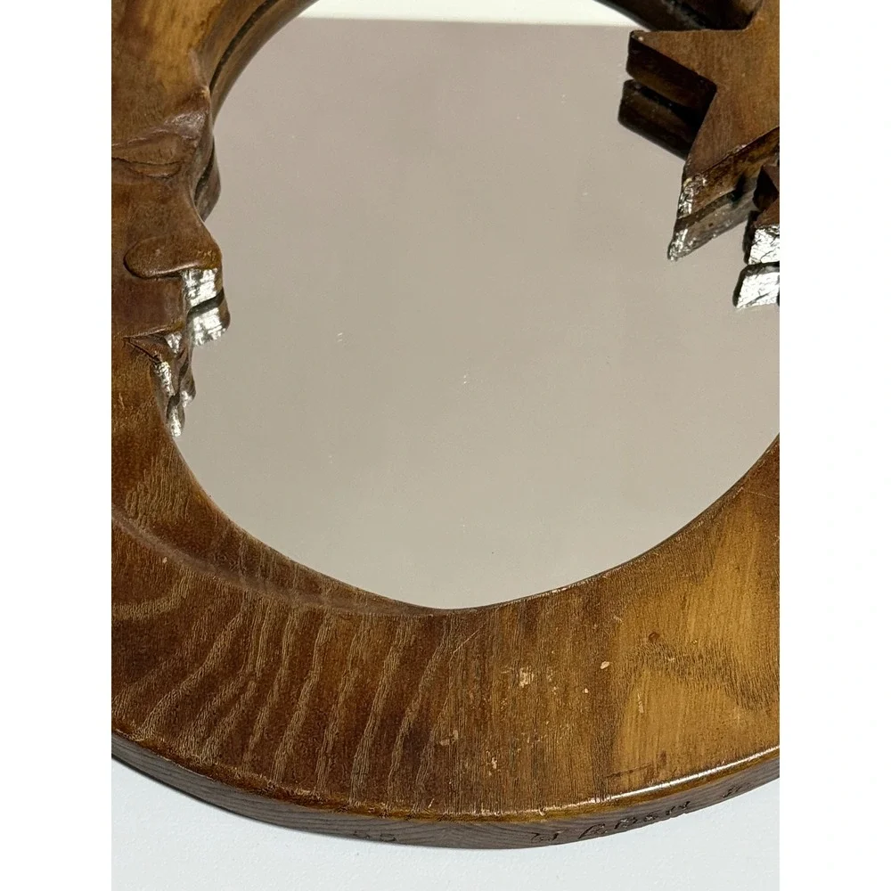 VTG Celestial Moon and Stars Round Wood Wall‎ Mirror Boho Whimsical 12